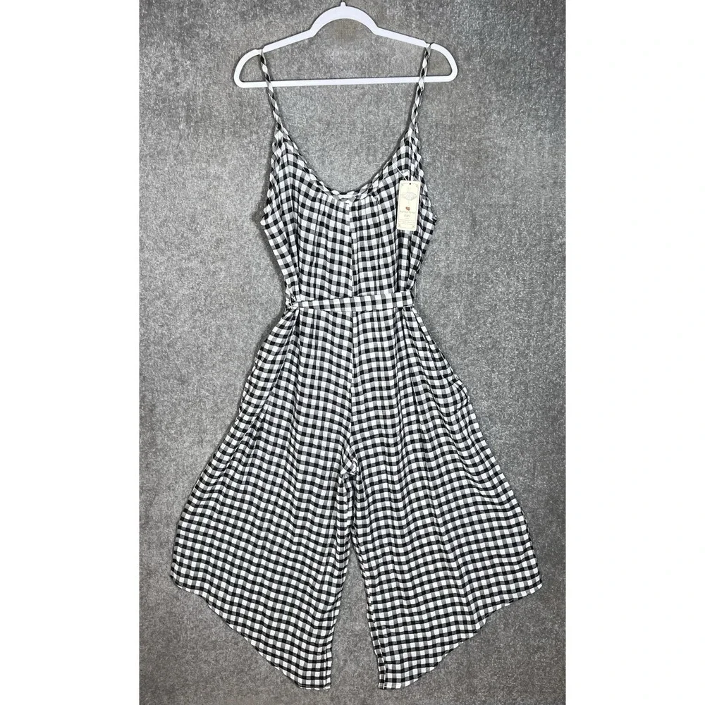 Buenos Ninos Semi Sheer Super Wide Leg Jumpsuit Womens Sz XXL Black Gingham New